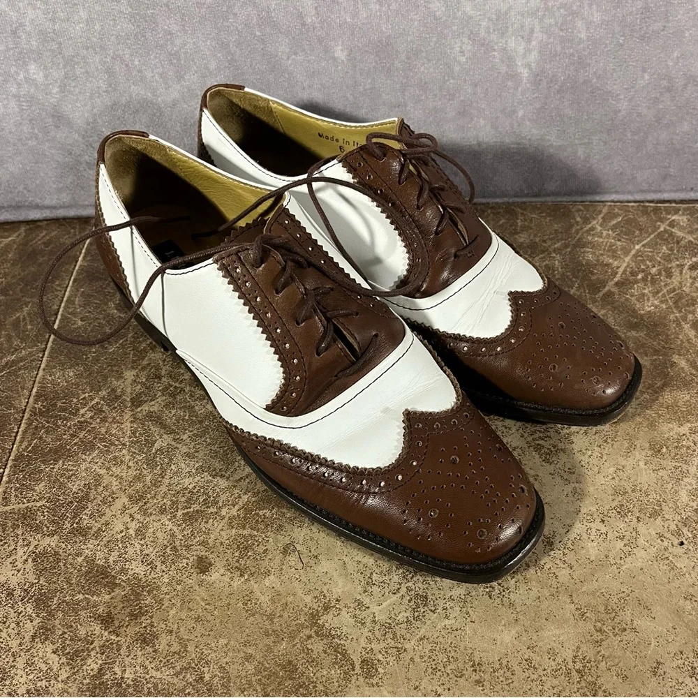 J Peterman Wingtip Oxford Womens‎ Shoes Size 6 Italy Leather Lined Brown / White